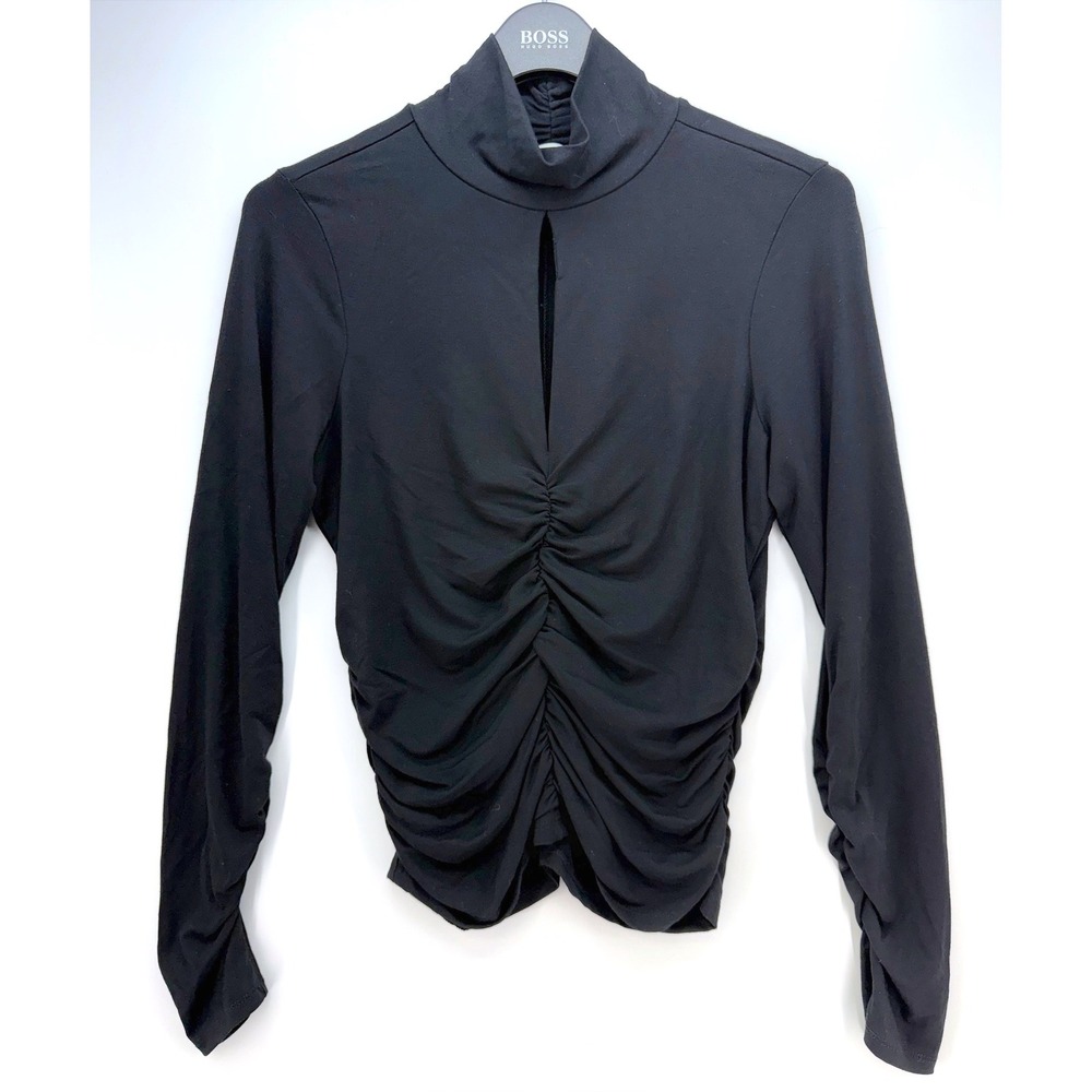 FRAME Black Ruched Keyhole Mock Neck Top M Witchy Goth Dark Academia Hot Slinky